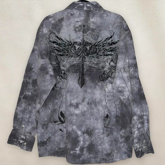 Y2K Grunge Button Up Shirt Eighty Eight Cross Graphic Wings Gray Size XL - Picture 2 of 8